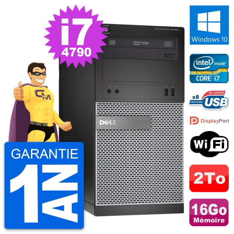 Ordinateur de bureau Dell OptiPlex 3020 - Processeur Intel i7-4790, 16 Go de RAM, Disque dur 2 To, Windows 10, WiFi