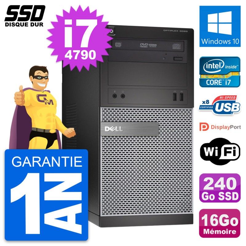 Ordinateur de bureau Dell OptiPlex 3020 - Processeur Intel Core i7-4790, 16 Go de RAM, 240 Go SSD, Windows 10, WiFi