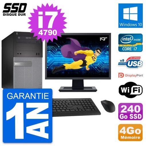 Dell OptiPlex 3020 Desktop PC - 19" Screen, Intel Core i7-4790, 4GB RAM, 240GB SSD, Windows 10, WiFi
