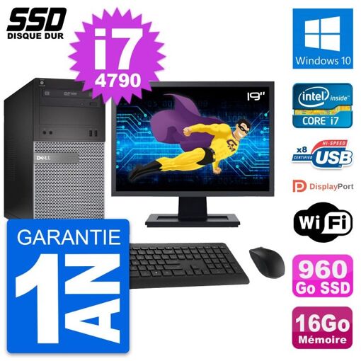 Dell OptiPlex 3020 Desktop Computer, 19" Screen, Intel i7-4790, 16GB RAM, 960GB SSD, Windows 10, WiFi