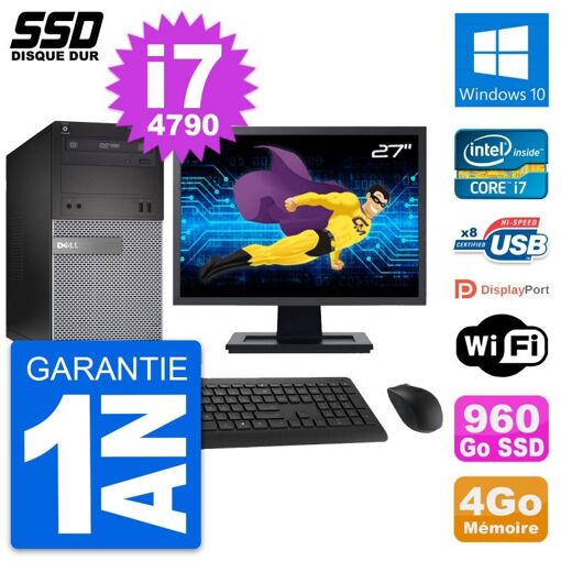 Dell OptiPlex 3020 Tower PC - 27" Screen, Intel Core i7-4790, 4GB RAM, 960GB SSD, Windows 10, WiFi