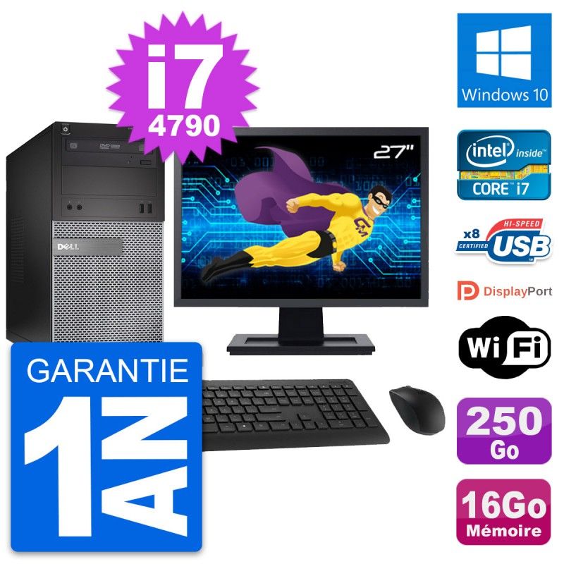 Ordinateur de bureau Dell OptiPlex 3020 - Écran 27", Processeur Intel i7-4790, 16 Go de RAM, Disque dur 250 Go SSD, Windows 10, WiFi