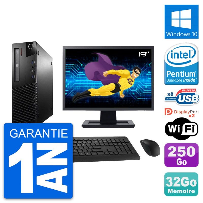 Lenovo M93p SFF Desktop Computer, 19" Screen, Intel G3220, 32GB RAM, 250GB SSD, Windows 10, WiFi