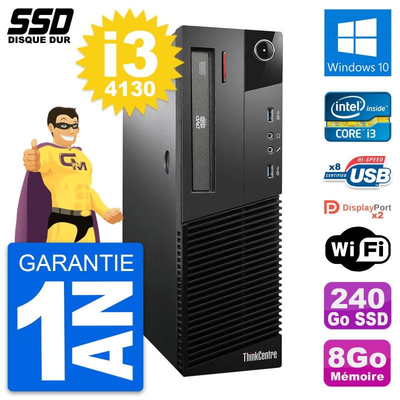 Computadora de escritorio Lenovo ThinkCentre M93p SFF - Procesador Intel i3-4130, 8GB de RAM, 240GB SSD, Windows 10, WiFi