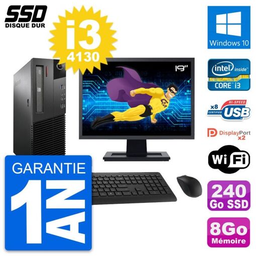 Computadora de escritorio Lenovo M93p SFF, Pantalla de 19', Procesador Intel i3-4130, 8GB de RAM, 240GB SSD, Windows 10, Wifi