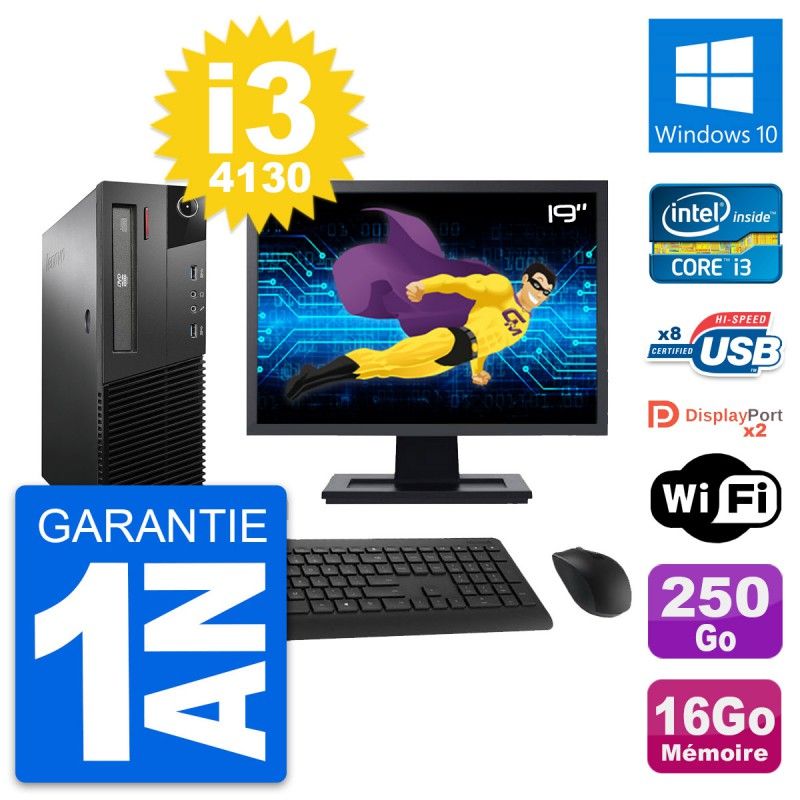 Lenovo M93p SFF Desktop Computer, 19" Screen, Intel i3-4130, 16GB RAM, 250GB HDD, Windows 10, WiFi