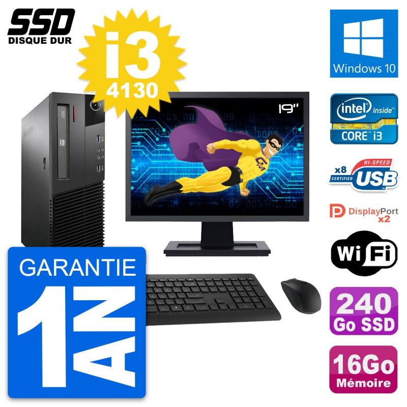 Lenovo M93p SFF Desktop Computer, 19" Screen, Intel i3-4130, 16GB RAM, 240GB SSD, Windows 10, WiFi