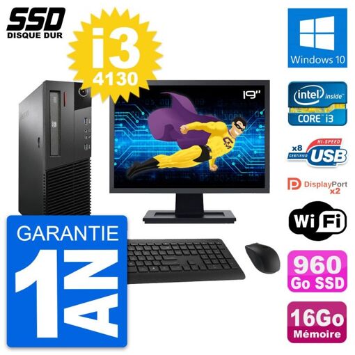 Lenovo M93p SFF Desktop Computer, 19" Screen, Intel i3-4130, 16GB RAM, 960GB SSD, Windows 10, WiFi
