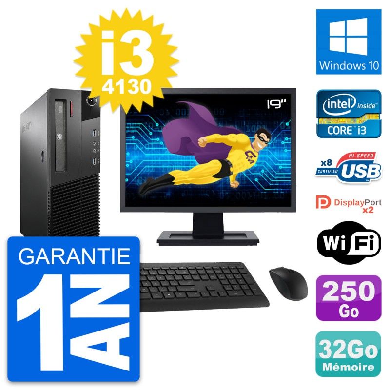 Lenovo M93p SFF Computer - 19" Screen, Intel i3-4130, 32GB RAM, 250GB SSD, Windows 10, WiFi