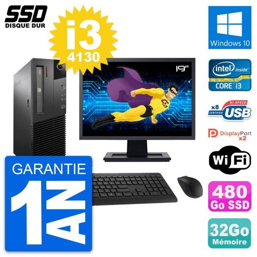 Lenovo M93p SFF Desktop Computer, 19" Screen, Intel i3-4130, 32GB RAM, 480GB SSD, Windows 10, WiFi
