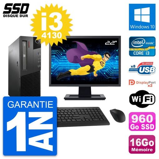 Lenovo M93p SFF 22" Display, Intel i3-4130, 16GB RAM, 960GB SSD, Windows 10, Wifi