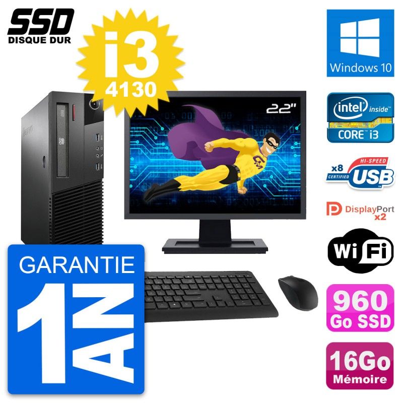 Lenovo M93p SFF 22" Display, Intel i3-4130, 16GB RAM, 960GB SSD, Windows 10, Wifi