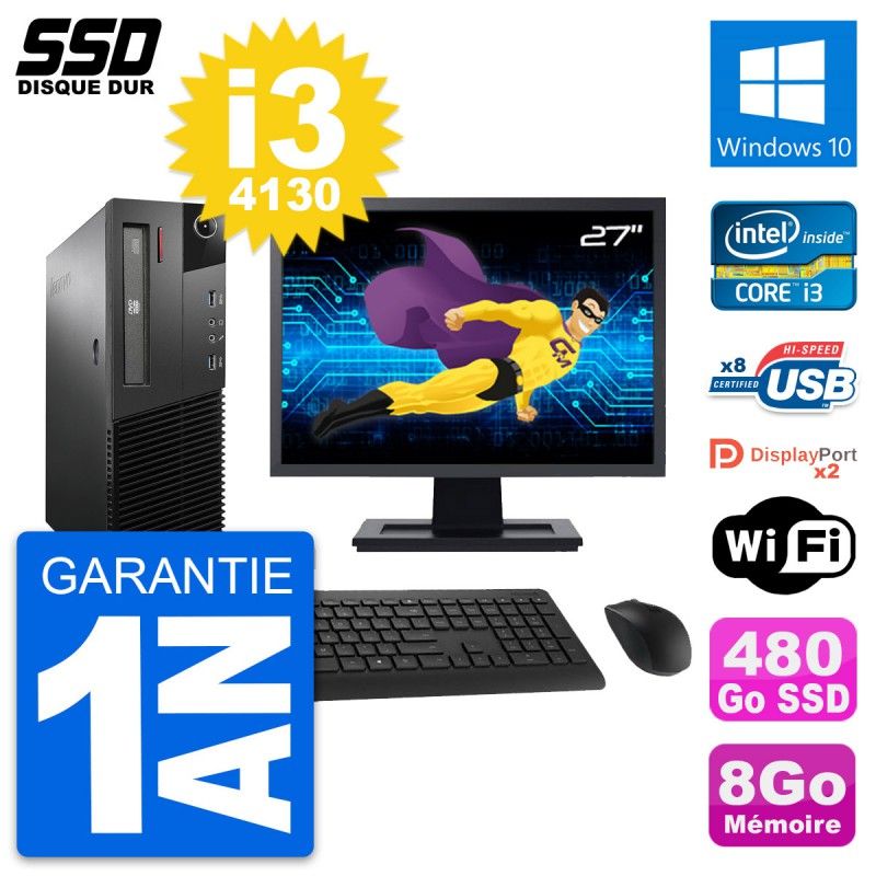 Lenovo M93p SFF 27-inch Computer - Intel i3-4130, 8GB RAM, 480GB SSD, Windows 10, WiFi