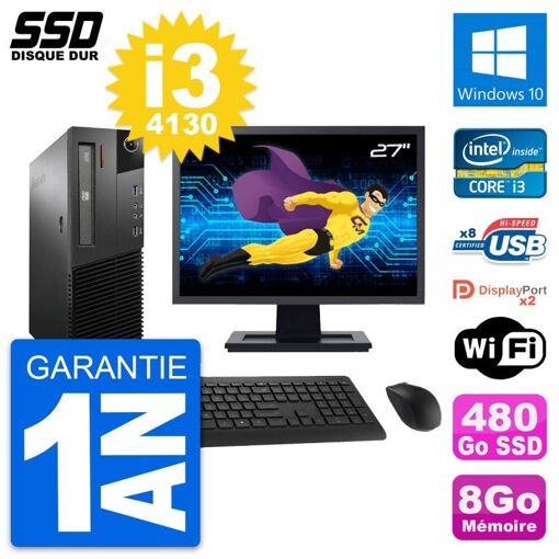 Lenovo M93p SFF 27-inch Computer - Intel i3-4130, 8GB RAM, 480GB SSD, Windows 10, WiFi