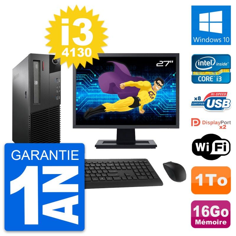 Lenovo M93p SFF Desktop Computer, 27" Screen, Intel i3-4130, 16GB RAM, 1TB HDD, Windows 10, WiFi