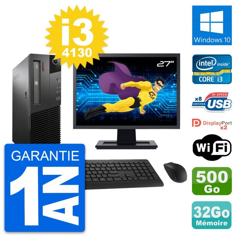 Lenovo M93p SFF Desktop Computer, 27" Screen, Intel i3-4130, 32GB RAM, 500GB HDD, Windows 10, WiFi