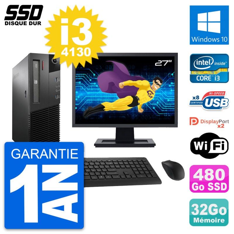 Lenovo M93p SFF Desktop Computer, 27" Screen, Intel i3-4130, 32GB RAM, 480GB SSD, Windows 10, Wifi