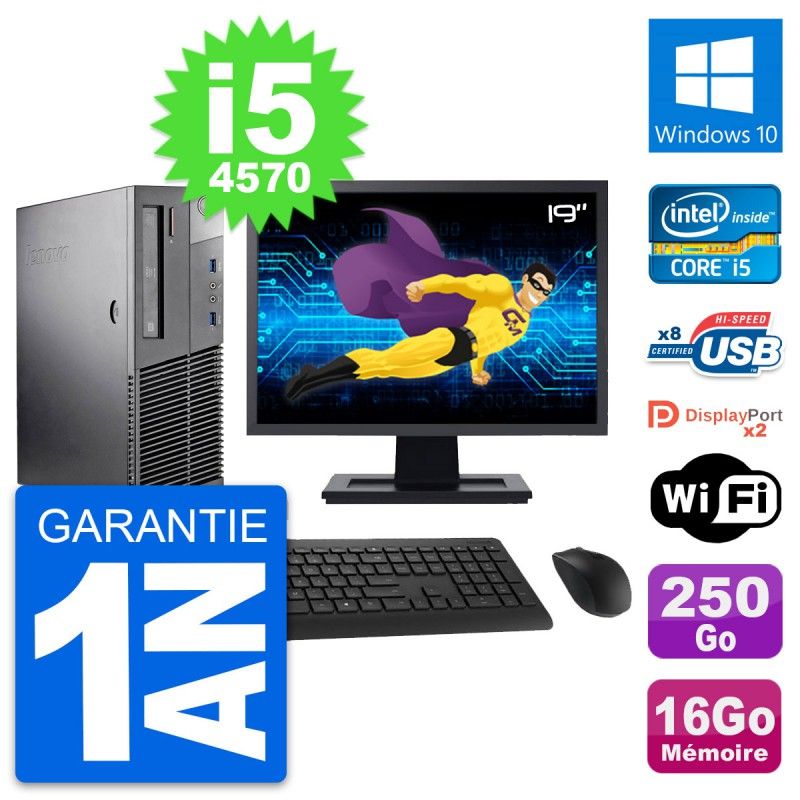 Lenovo M93p SFF Desktop PC - 19" Screen, Intel i5-4570, 16GB RAM, 250GB SSD, Windows 10, WiFi