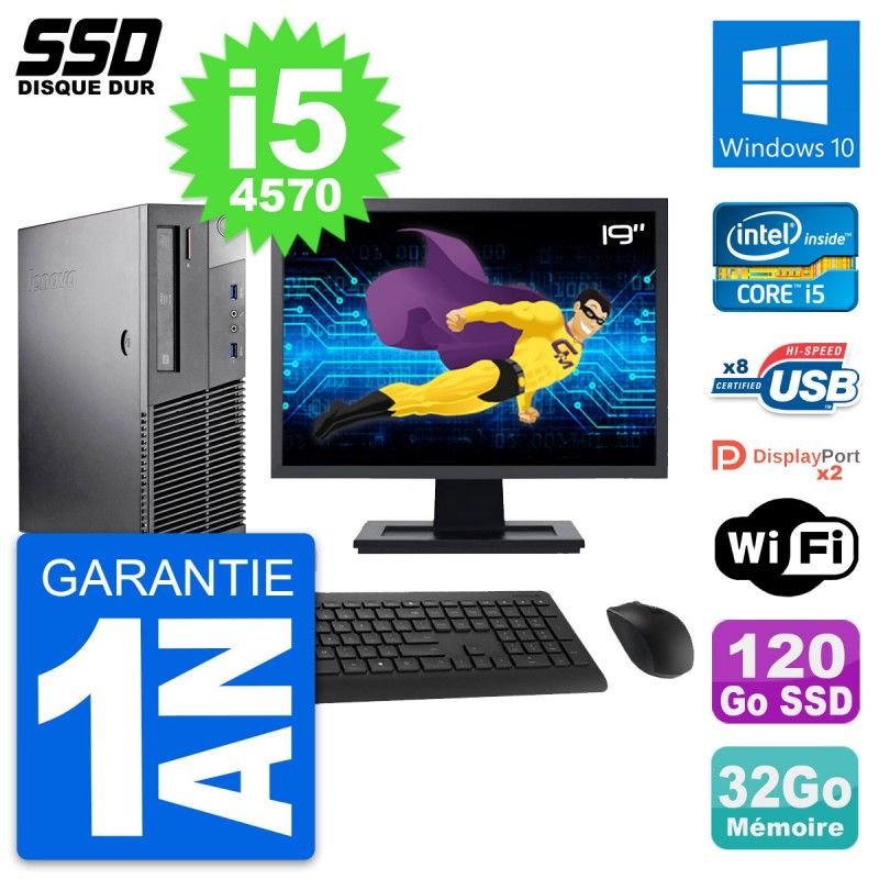 Lenovo M93p SFF Desktop Computer, 19" Screen, Intel i5-4570, 32GB RAM, 120GB SSD, Windows 10, Wifi