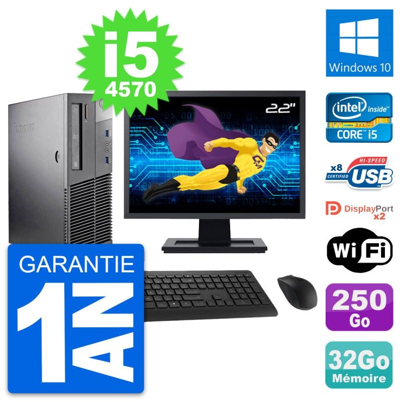 Lenovo M93p SFF 22" Screen, Intel i5-4570, 32GB RAM, 250GB HDD, Windows 10, WiFi