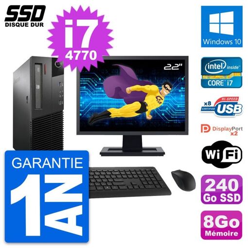 Lenovo M93p SFF Desktop Computer - 22" Screen, Intel i7-4770, 8GB RAM, 240GB SSD, Windows 10, WiFi