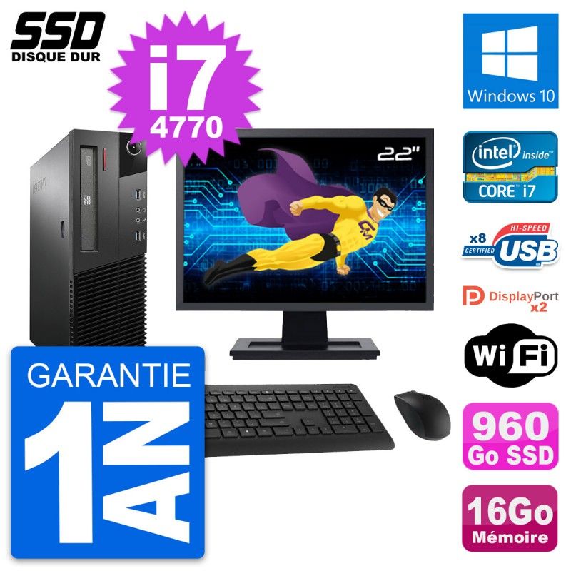 Lenovo M93p SFF 22" Screen, Intel i7-4770, 16GB RAM, 960GB SSD, Windows 10, Wifi