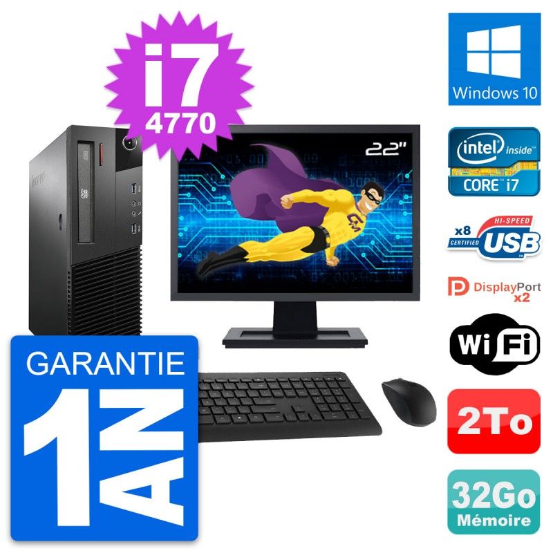 Lenovo M93p SFF 22" Screen, Intel i7-4770, 32GB RAM, 2TB Hard Drive, Windows 10, Wifi