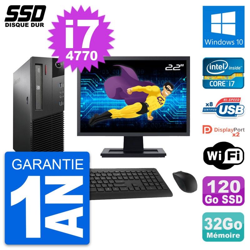 Lenovo M93p SFF 22" Screen, Intel i7-4770, 32GB RAM, 120GB SSD, Windows 10, Wifi