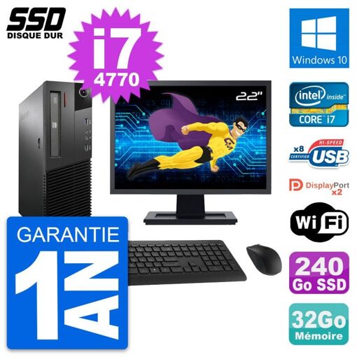 Ordenador de sobremesa Lenovo M93p SFF, pantalla de 22', i7-4770, 32GB RAM, 240GB SSD, Windows 10, WiFi