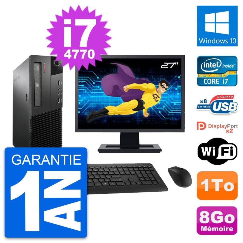 Lenovo M93p SFF 27" Display, Intel i7-4770, 8GB RAM, 1TB HDD, Windows 10, Wifi