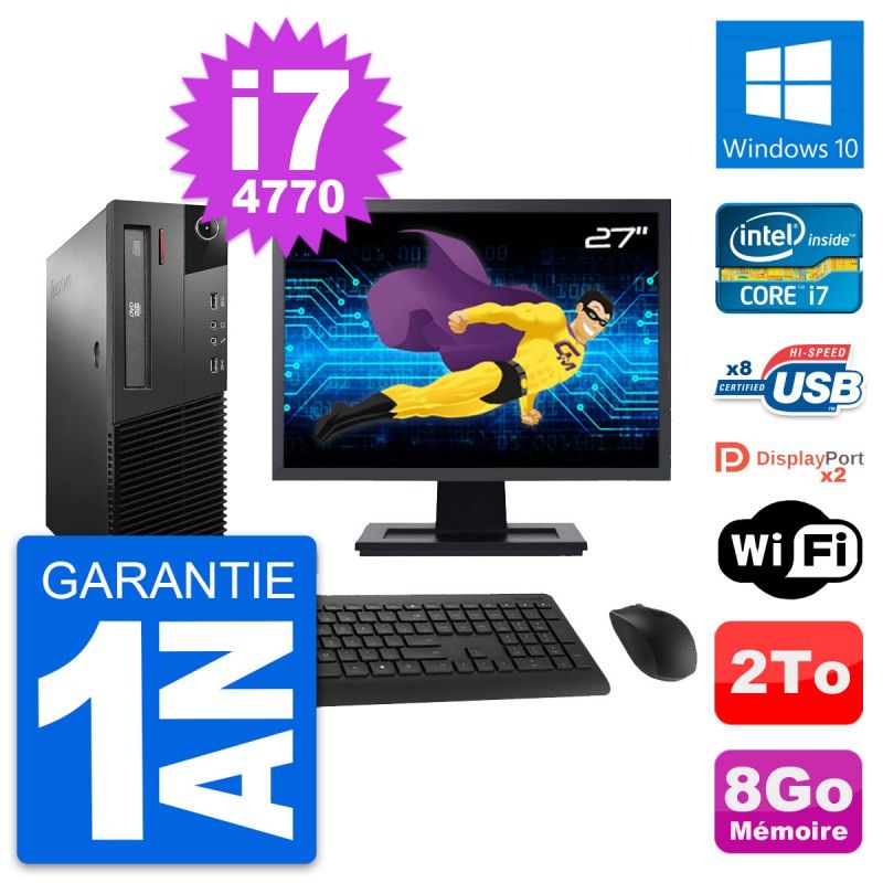 Lenovo M93p SFF Desktop Computer - 27" Screen, Intel i7-4770, 8GB RAM, 2TB HDD, Windows 10, WiFi