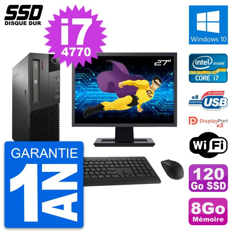 Lenovo M93p SFF Desktop Computer, 27" Screen, Intel i7-4770, 8GB RAM, 120GB SSD, Windows 10, WiFi