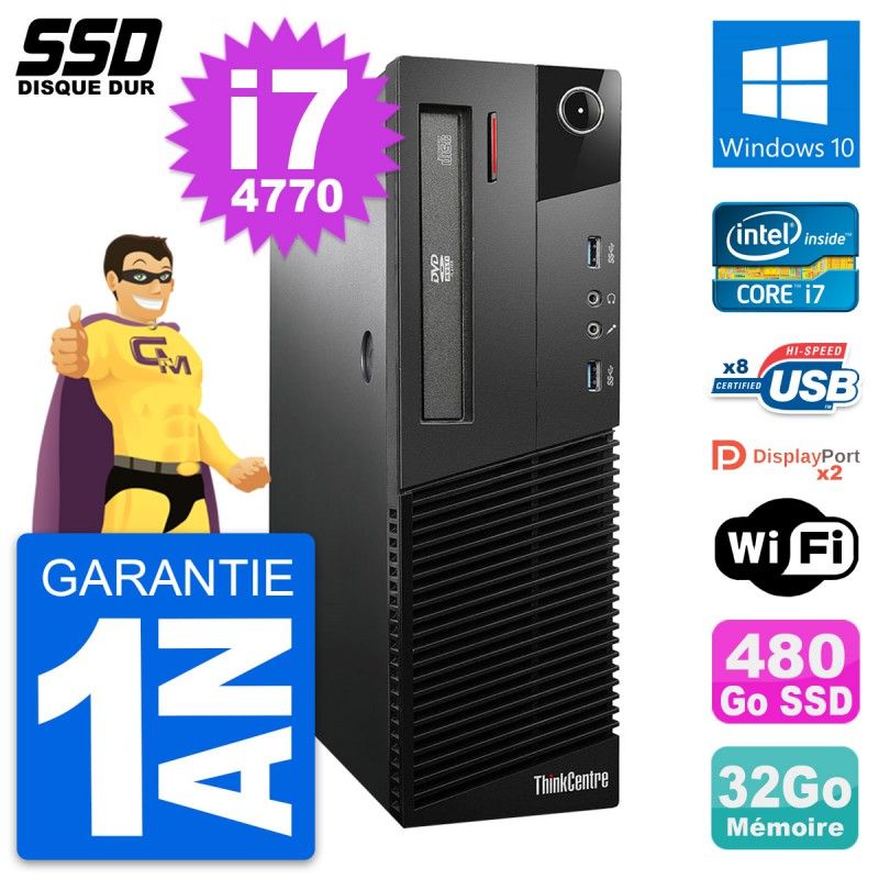 Lenovo ThinkCentre M93p SFF Desktop Computer - Intel i7-4770, 32GB RAM, 480GB SSD, Windows 10, WiFi