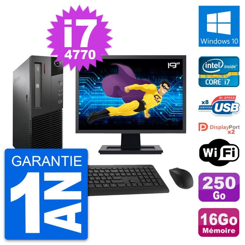 Lenovo M93p SFF Desktop Computer, 19" Screen, Intel i7-4770, 16GB RAM, 250GB SSD, Windows 10, WiFi