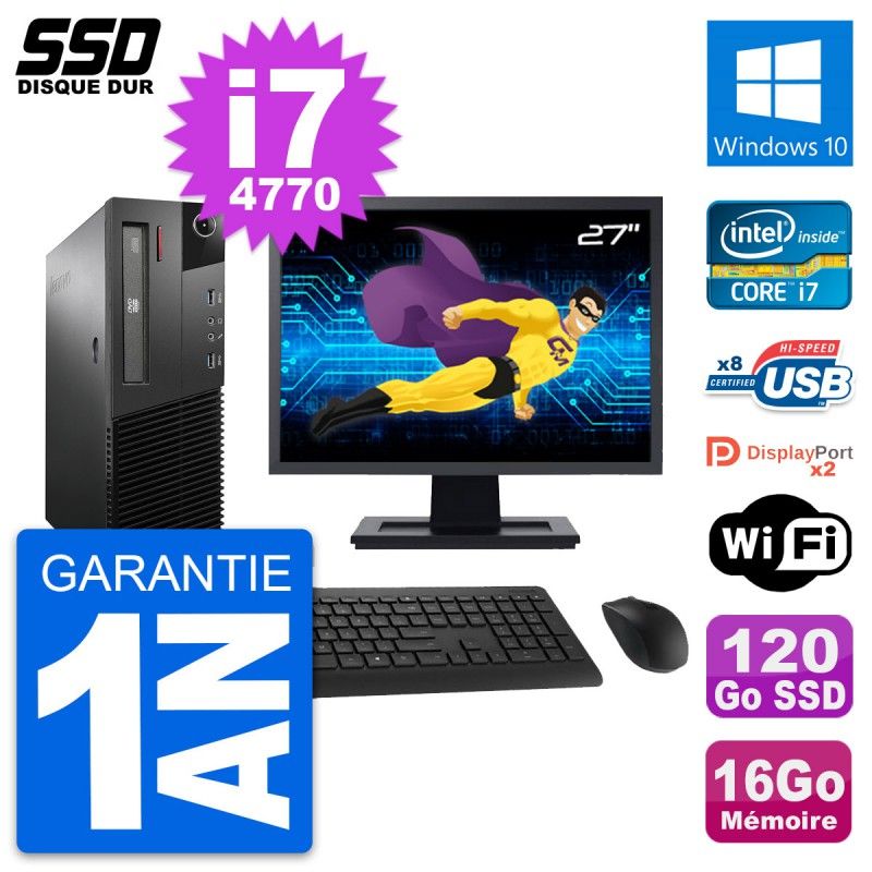 Lenovo M93p SFF Desktop Computer, 27" Screen, Intel i7-4770, 16GB RAM, 120GB SSD, Windows 10, WiFi