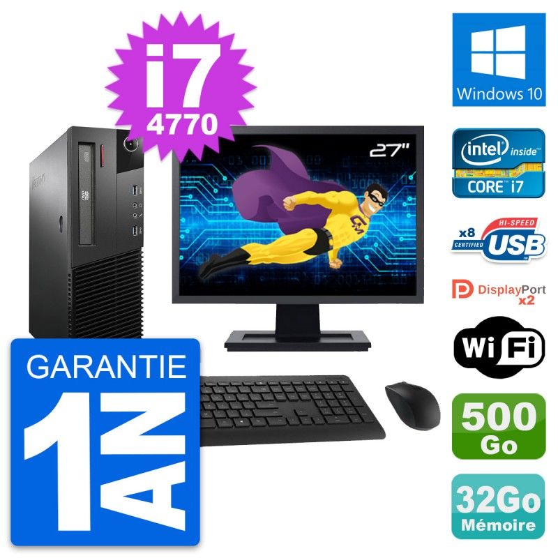 Lenovo M93p SFF Desktop Computer, 27" Screen, Intel i7-4770, 32GB RAM, 500GB HDD, Windows 10, WiFi