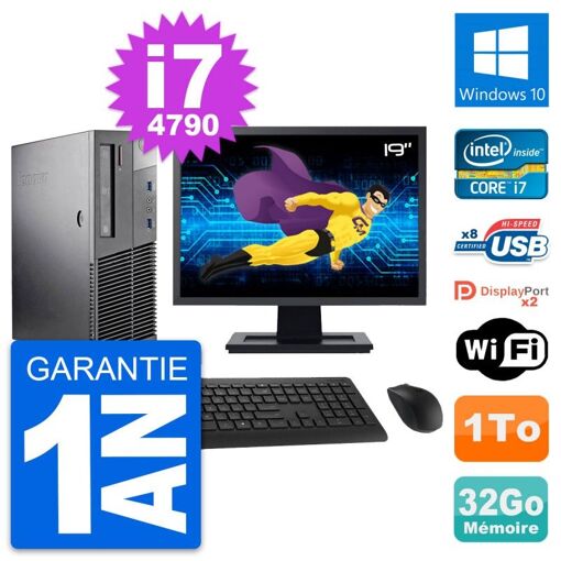 Lenovo M93p SFF Desktop PC - 19" Screen, Intel i7-4790, 32GB RAM, 1TB HDD, Windows 10, WiFi