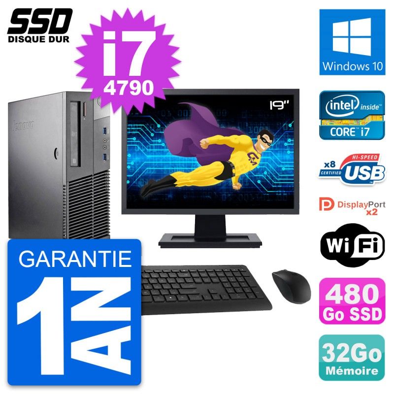 Lenovo M93p SFF Desktop Computer, 19" Screen, Intel i7-4790, 32GB RAM, 480GB SSD, Windows 10, WiFi