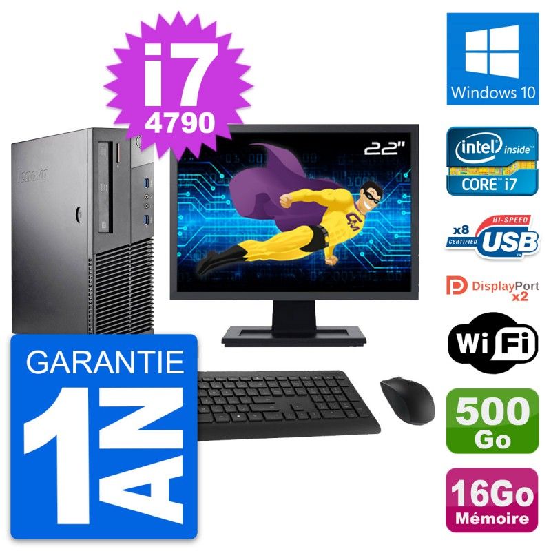 Ordinateur de bureau Lenovo M93p SFF 22 pouces - Intel i7, 16 Go de RAM, 500 Go SSD, Windows 10, WiFi