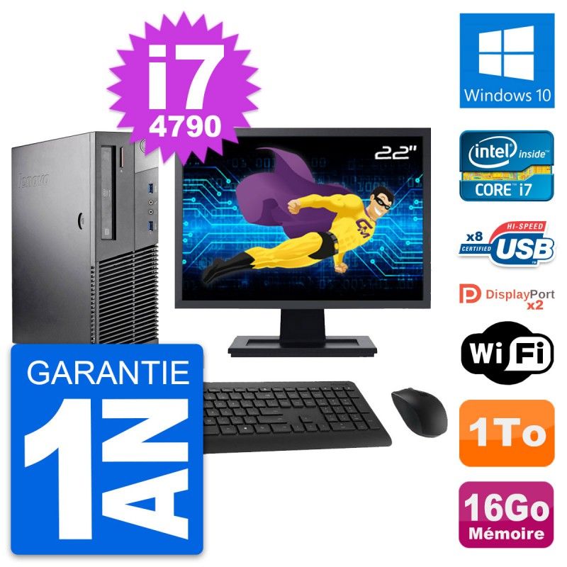 Ordinateur de bureau Lenovo M93p SFF, écran 22'', processeur Intel i7-4790, 16 Go RAM, 1 To HDD, Windows 10, WiFi
