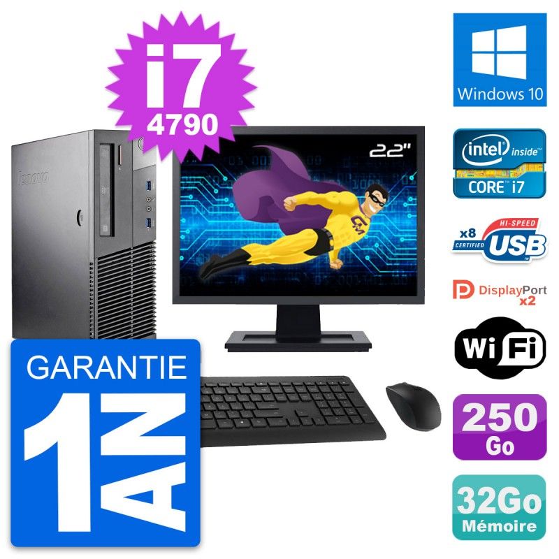 Lenovo M93p SFF Desktop Computer, 22" Screen, Intel i7-4790, 32GB RAM, 250GB SSD, Windows 10, WiFi