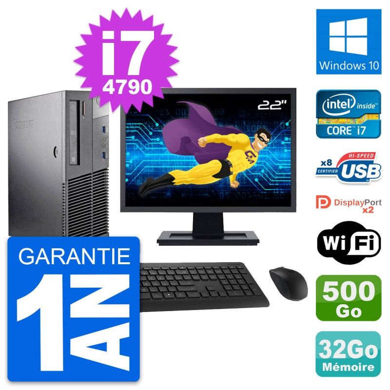 Lenovo M93p SFF 22" Screen, Intel i7-4790, 32GB RAM, 500GB HDD, Windows 10, Wifi