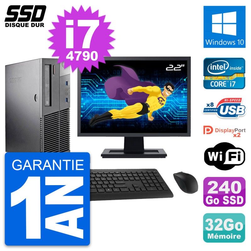 Lenovo M93p SFF 22" Screen, Intel i7-4790, 32GB RAM, 240GB SSD, Windows 10, Wifi