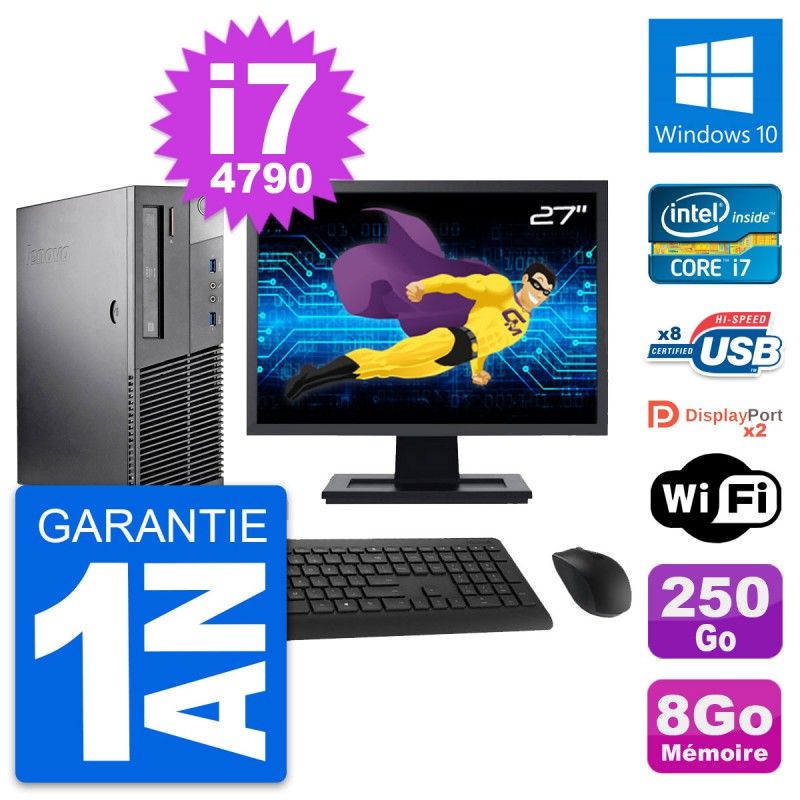 Lenovo M93p SFF Desktop Computer 27" Screen, Intel i7-4790, 8GB RAM, 250GB SSD, Windows 10, WiFi