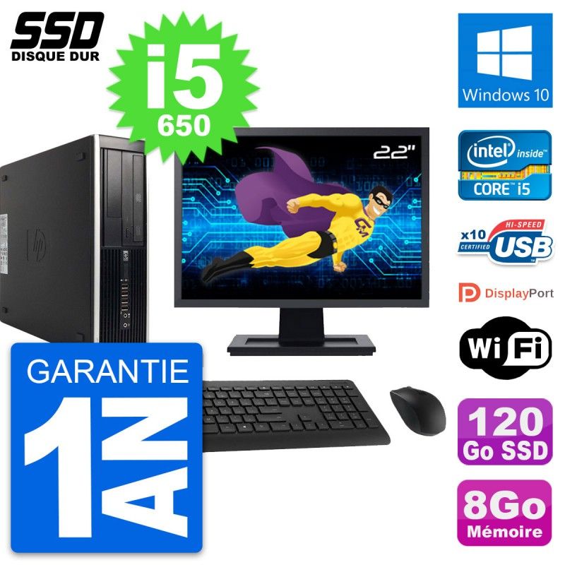 HP 8100 SFF Desktop Computer - 22" Screen, Intel Core i5-650, 8GB RAM, 120GB SSD, Windows 10, WiFi