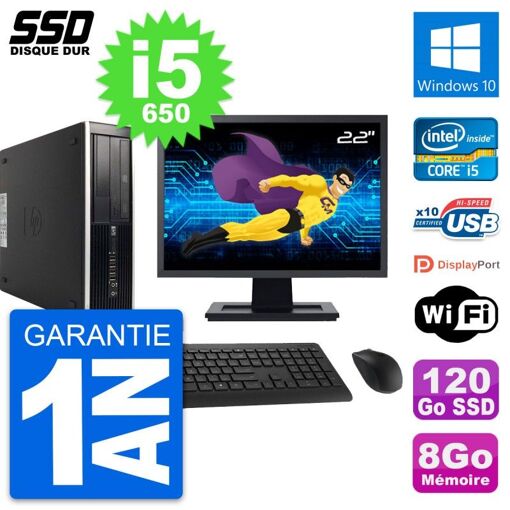 HP 8100 SFF Desktop Computer - 22" Screen, Intel Core i5-650, 8GB RAM, 120GB SSD, Windows 10, WiFi