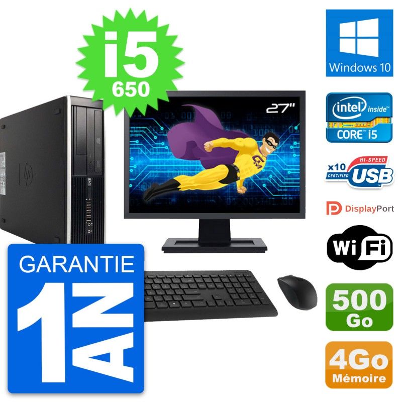 HP 8100 Elite SFF Computer, 27" Screen, Core i5-650, 4GB RAM, 500GB HDD, Windows 10, WiFi