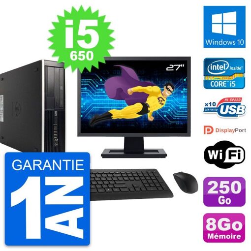 HP 8100 Elite SFF Desktop Computer, 27" Screen, Core i5-650, 8GB RAM, 250GB SSD, Windows 10, WiFi