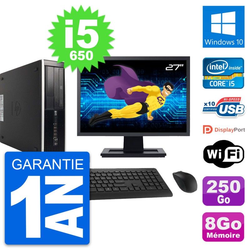 HP 8100 Elite SFF Desktop Computer, 27" Screen, Core i5-650, 8GB RAM, 250GB SSD, Windows 10, WiFi