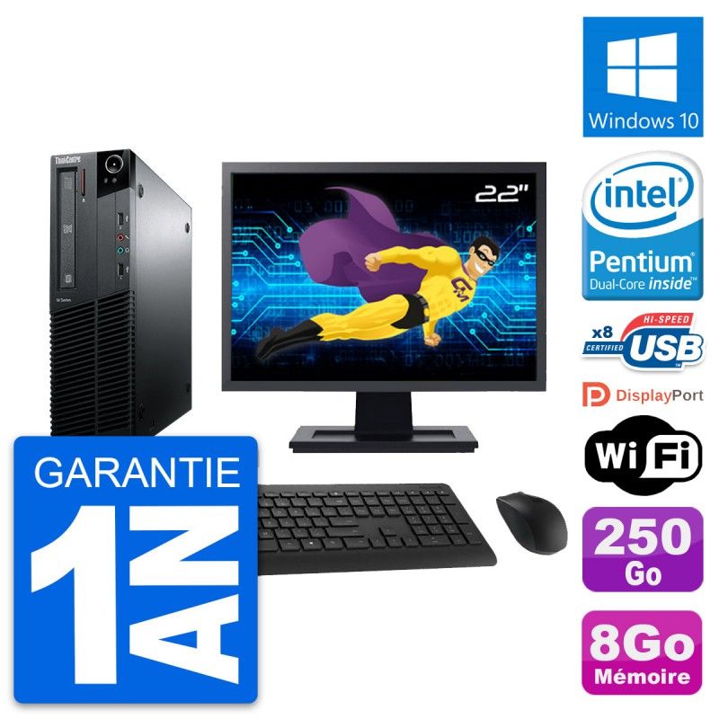 Lenovo M81 SFF Desktop Computer, 22" Screen, Intel G630, 8GB RAM, 250GB HDD, Windows 10, WiFi